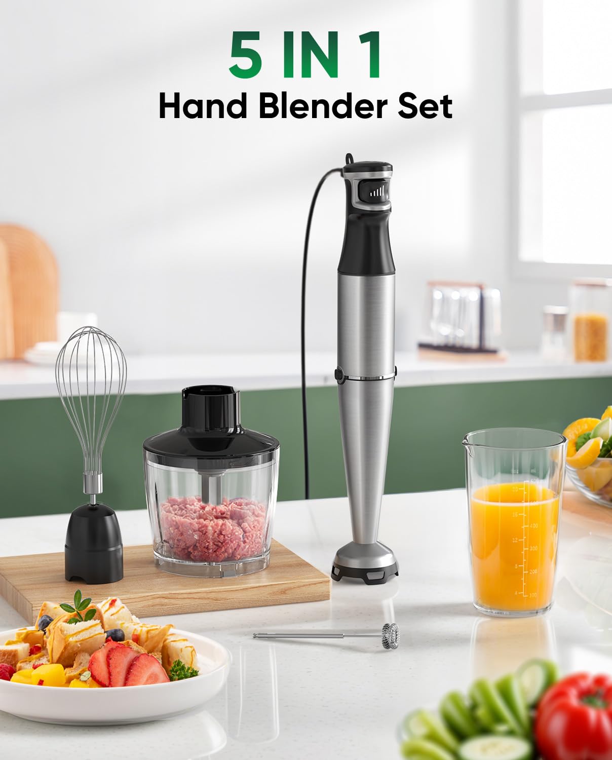 Immersion Blender Handheld Corded Hand Blender 1100W, Trigger Variable Speed 5 in 1 Stick Blender, Emulsion Blender with Chopper, Whisk and Frother for Soup, Baby Food and Smoothies,2-packs