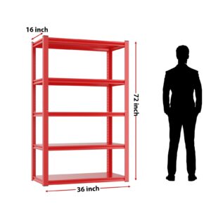 Homdox 72”H Garage Shelving, 1650LBS Heavy Duty Storage Shelves, 5 Tier Adjustable Metal Shelves for Storage, Industrial Shelving Commercial Utility Shelf, 36" W x 16" D x 72" H, Red