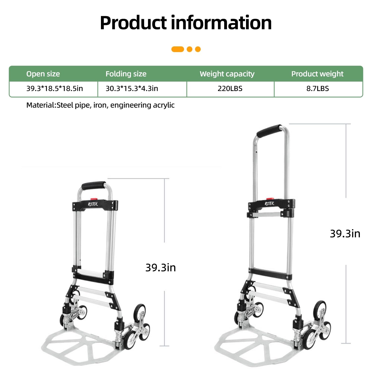 RJTEK【Material Upgrading】 Stair Climber Hand Truck and Dolly, 220Lb Capacity Stair Climbing Cart, Heavy-Duty Trolley and Luggage Cart, Lightweight with Telescoping Handle, Silver & Black