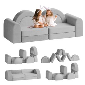 mooitz modular kids play couch, 10pcs kids play couch for playroom bedroom, convertible modular toddler couch, creative kids foam sofa for boys and girls-grey