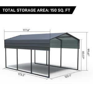 10x15 Ft Metal Carport, Heavy Duty Car Port with Galvanized Steel Roof, Outdoor Car Garage, Large Carport Canopy, Steel Car Shelter for Car, Boats and Truck, Charcoal Black