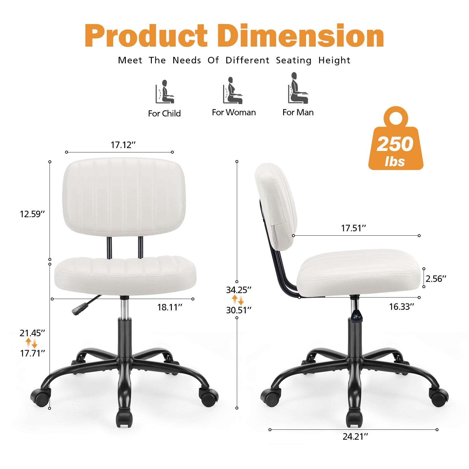 Warmiehomy Armless Office Chair with Wheels Small Swivel Rolling Desk Chair PU Leather Hieght Adjustable Computer Task Chair Modern Vanity Chair with Low Back Lumbar Support,White