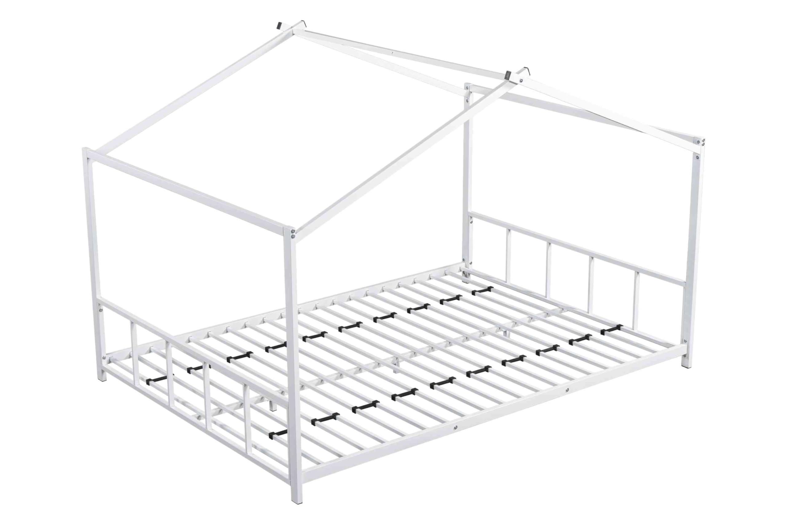 ATY Metal Full Size Floor Bed, House Shaped Bedframe w/Roof Design for Kids, Toddlers, Easy Assembly & No Box Spring Needed, White