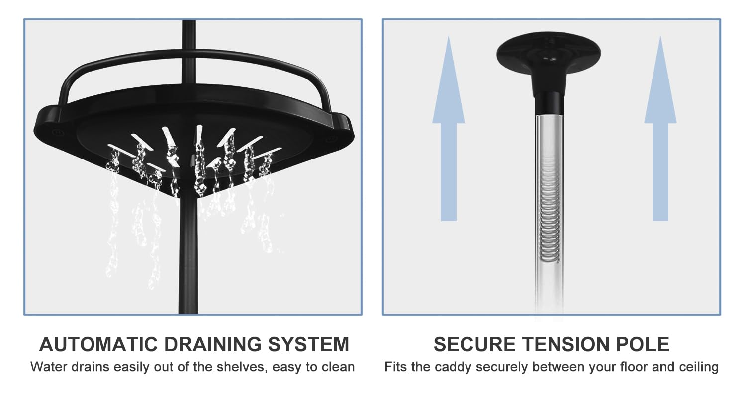 HAA Strong Shower Storage Caddy,SturdyTension Corner Pole Caddy,Commercial Grade Rustproof Bathroom Bathtub Adjustable Corner Rack (Black)