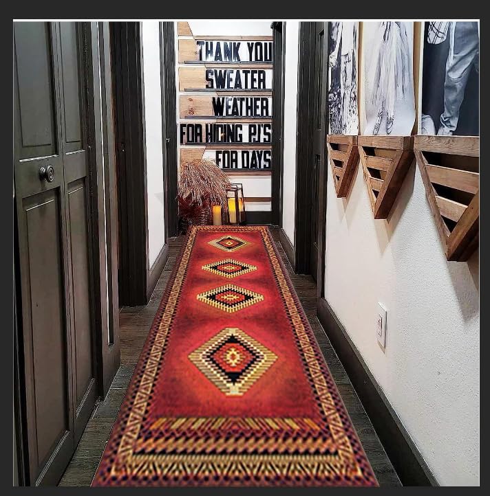 PDENZG Native American Runner Rug, 2x7ft, Machine Washable Rug for Hallway, Soft Large Runner Rugs with Anti-Slip Backing, Vintage Style Cabin Rug for Bedroom, Living Room, Dining Room Entrance