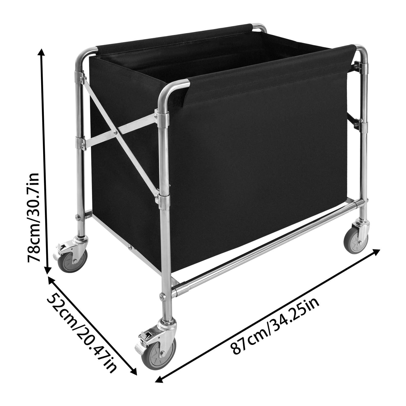 Industrial Rolling Laundry Cart, Commercial Stainless Steel Frame Laundry Cart with Wheels, Foldable Rolling Laundry Hamper with Waterproof Oxford Cloth (Black)