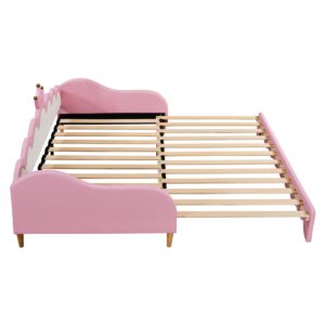 SOFTSEA Twin Upholstered Princess Daybed with LED Lights, Girls Princess Daybed with Extendable Trundle, Twin to King Faux Leather Daybed Frame with Crown Headboard for Kids Teens Audlts, Pink