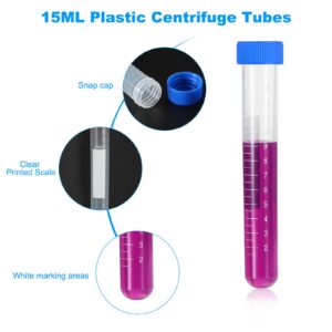 PATIKIL 15ML Plastic Centrifuge Tubes, 20 Pcs Round Bottom Centrifuge Tube with Blue Screw Caps and Graduated Marks Writing Area for Laboratory Liquid