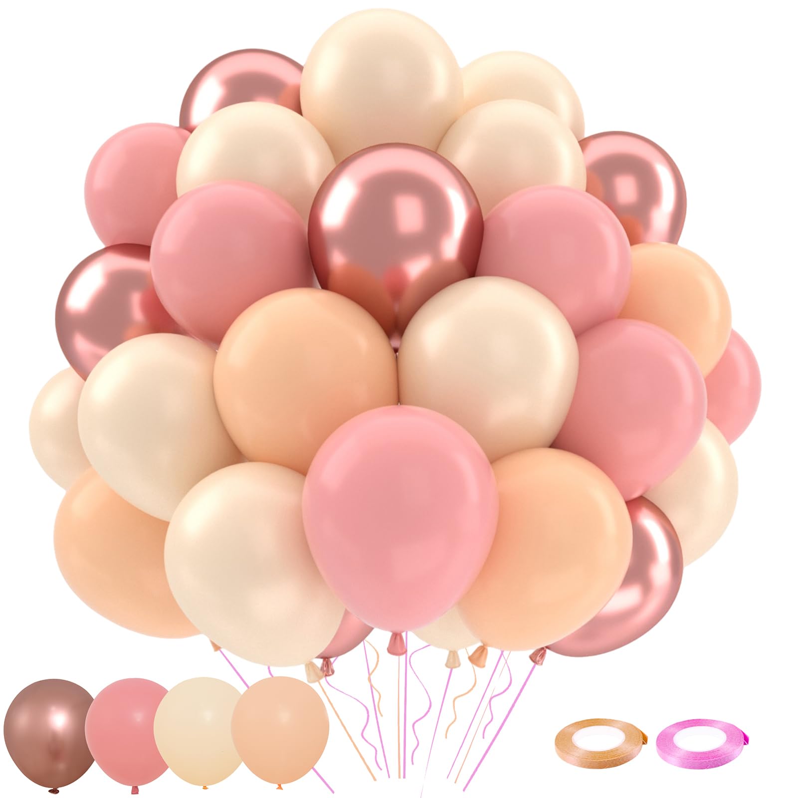 Patimate Retro Blush Pink Balloons Set, 50 pcs 12 inch Metallic Rose Gold Dusty Pink Pastel Orange Nude Latex Balloons Kit for Birthday Bridal Shower Bachelorette Boho Baby Shower Party Decorations