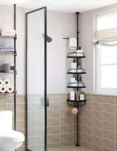 haa strong shower storage caddy,sturdytension corner pole caddy,commercial grade rustproof bathroom bathtub adjustable corner rack (black)