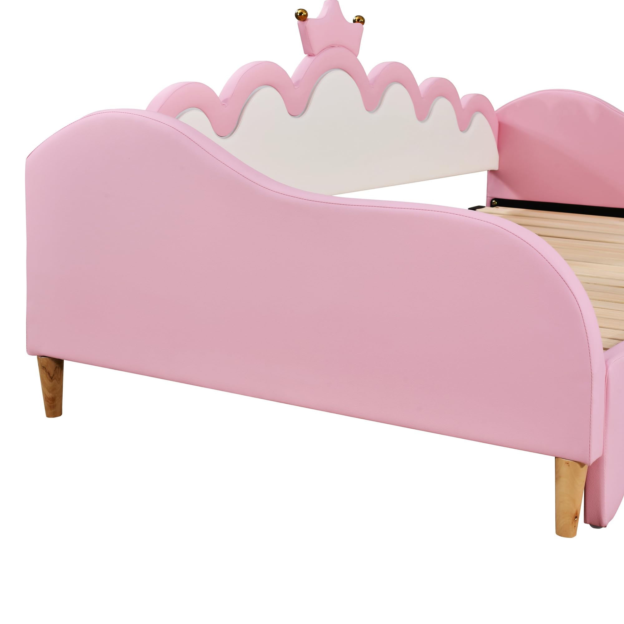 SOFTSEA Twin Upholstered Princess Daybed with LED Lights, Girls Princess Daybed with Extendable Trundle, Twin to King Faux Leather Daybed Frame with Crown Headboard for Kids Teens Audlts, Pink