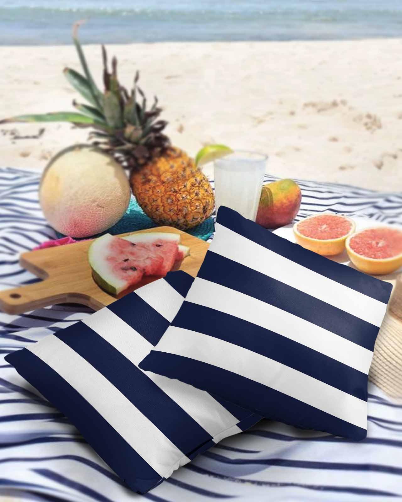 Outdoor Pillow Covers 26x26 Waterproof Polyester Throw Pillow Covers, Navy Blue White Stripes Decorative Pillowcases Garden Cushion Case for Patio Couch Sofa Decoration Set of 2, Geometric Summer