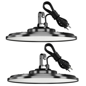 jtt 2-pack ufo led high bay light, shop lights for garage warehouse, 150w 5000k 19500lm 120-277v power cord, waterproof and drop resistant etl listed, super bright lighting for workshop factory barn