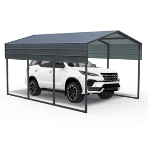 10x15 ft metal carport, heavy duty car port with galvanized steel roof, outdoor car garage, large carport canopy, steel car shelter for car, boats and truck, charcoal black