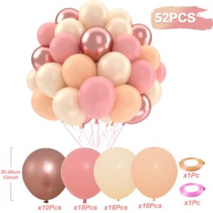 Patimate Retro Blush Pink Balloons Set, 50 pcs 12 inch Metallic Rose Gold Dusty Pink Pastel Orange Nude Latex Balloons Kit for Birthday Bridal Shower Bachelorette Boho Baby Shower Party Decorations