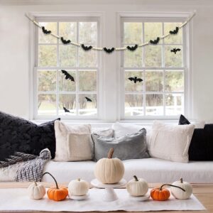 Halloween Garland Decorations - Adjustable Spooky Hanging Black Felt Bat Garland Fireplace Decor - Aesthetic Boho Wood Beads Mantel Garland for Home Room Indoor Farmhouse Office Wall Halloween Decor