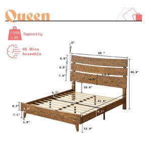 AMERLIFE Queen Size Solid Wood Platform Bed Frame with Wooden Headboard, No Box Spring Needed, Easy Assembly, Caramel