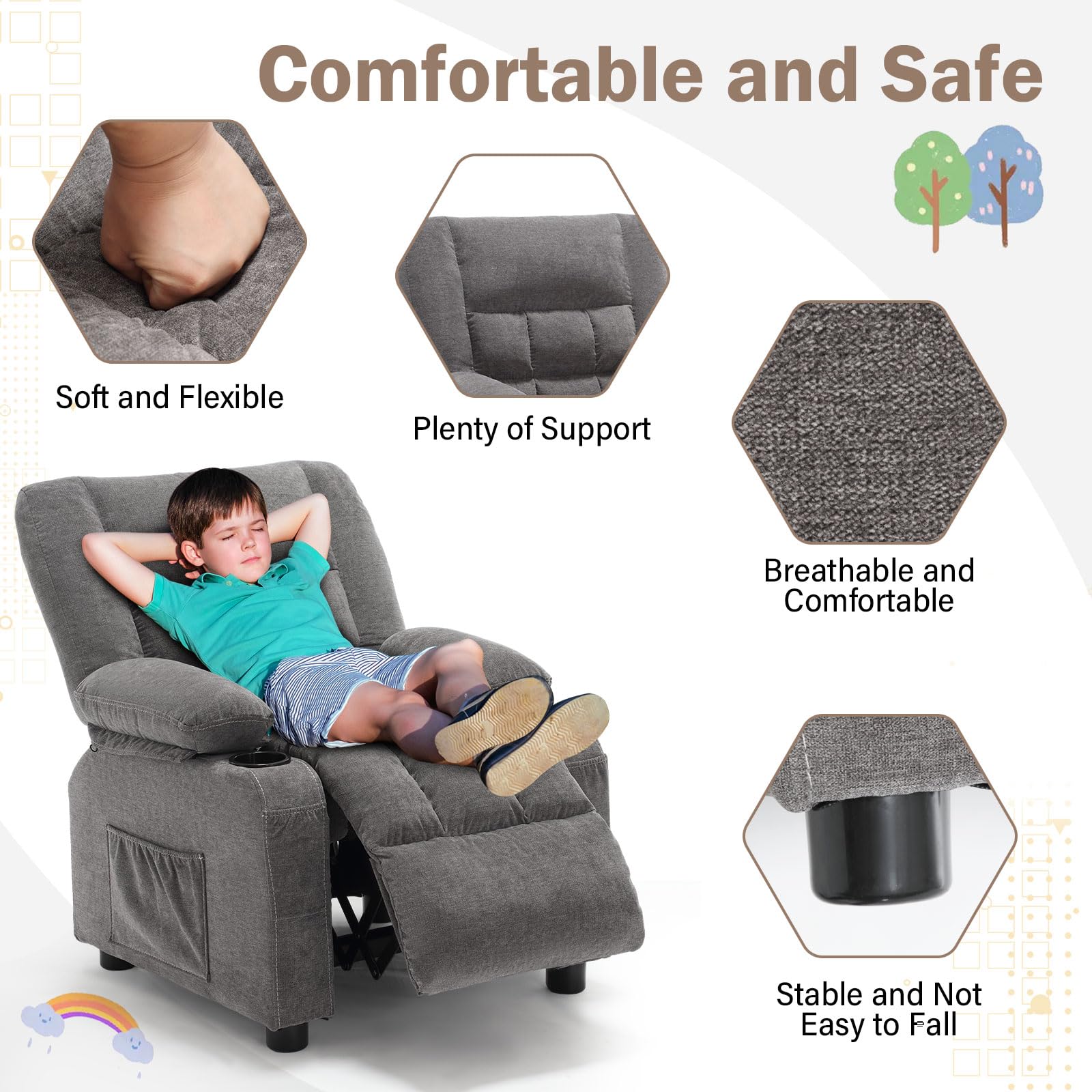 BOSMILLER Kids Recliner Chair， Push Back Toddler Recliner with Cup Holders & Side Pockets， Adjustable Footrest & Headrest Kids Sofa for Boys Girls 3+ Age Group (Deep Grey)