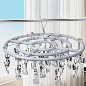 autminia stainless steel clothes sock drying rack with 24 clips, swivel hook windproof clothes hanger rack for sock, bras, towel, underwear, laundry clothes, hat, scarf, pants, gloves (gray clips)