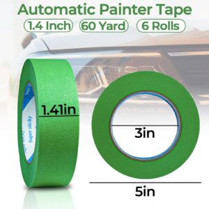 1.4 Inch Green Painters Tape for Car, 6 Rolls x 60 Yards Automatic Refinish Masking Tape, High Adhesive Cars Vehicles Auto Body Paint Tape, No Residue Automotive Painters Tape Bulk Set 360 Yards Total