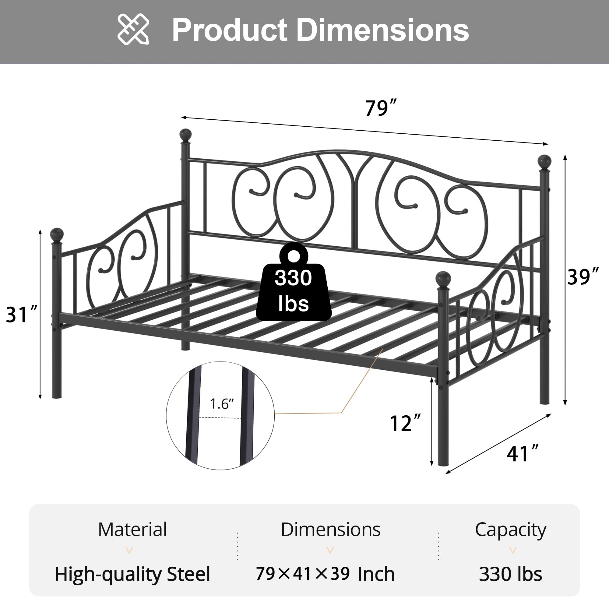 VECELO Metal Daybed Frame Multifunctional Platform Bed Sofa Mattress Foundation with Classic Headboard, Twin, Black