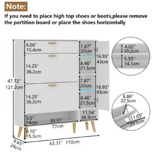 Loomie Shoe Cabinet, Shoe Storage Cabinet with 2 Flip Drawers & Side Cabinet, Narrow Shoe Cabinet with Doors, Hidden Shoe Storage with Adjustable Shelf, Slim Shoe Cabinet for Entryway (White)