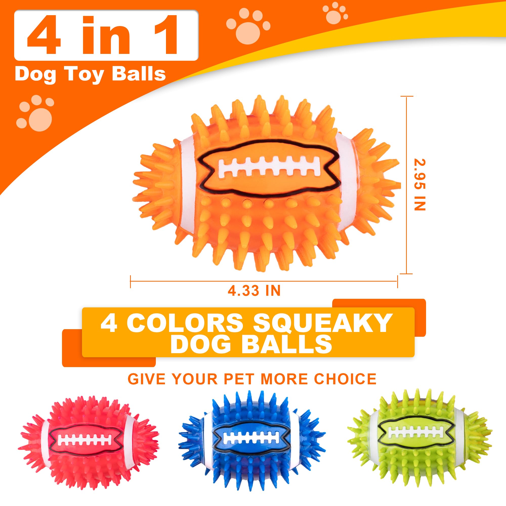 GHOBROFY 4.3” Dog Squeaky Football Toys 4 Pack, Interactive and Durable Spiky Dog Balls for Medium Large Dogs with Rugby Shape, Built-in Squeaker for Teeth Cleaning and Training