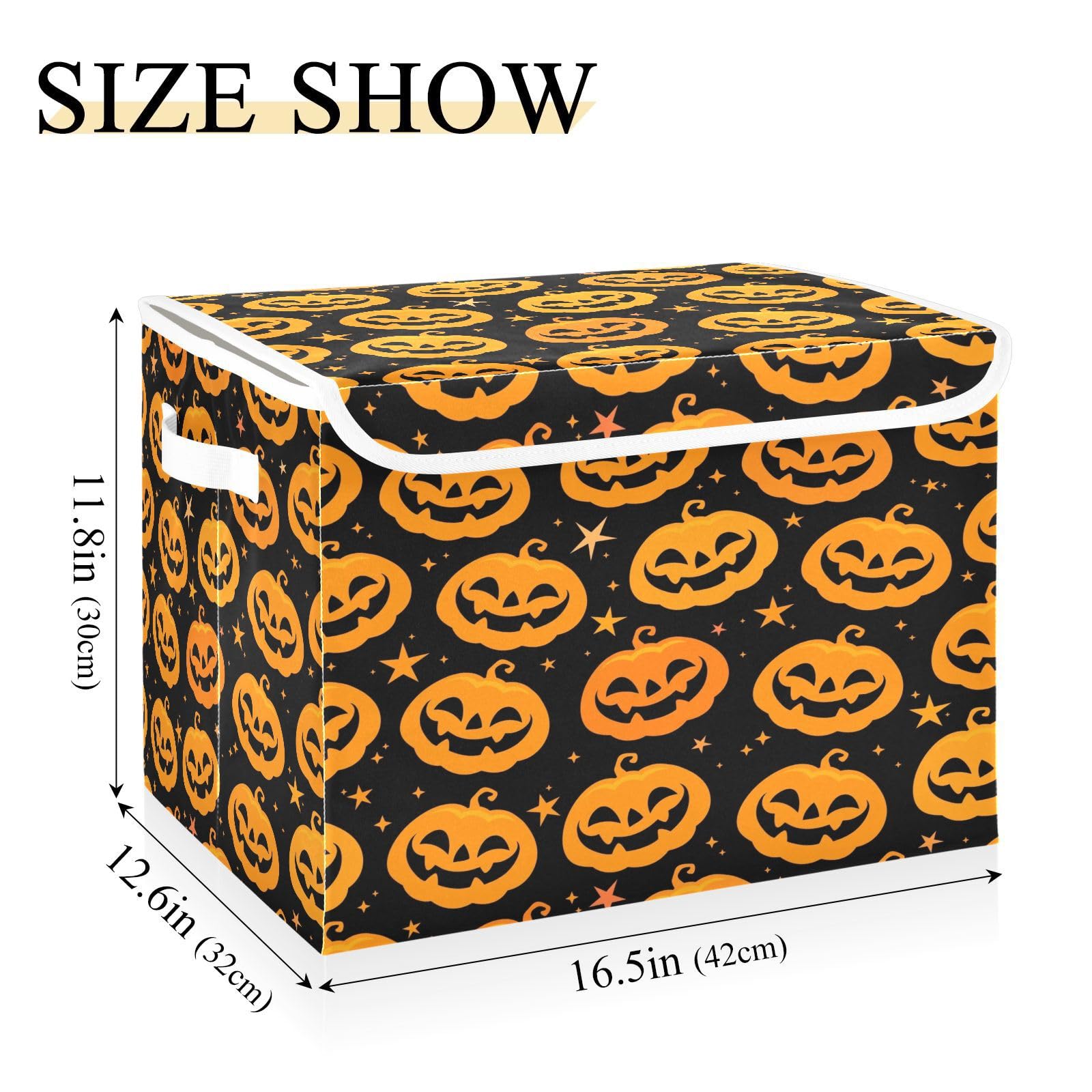 Takiito Orange Halloween Pumpkins Collapsible Storage Box with Lid & Handles, Fabric Storage Bin Organizer for Home Office Closet Bedroom Living Room, 16.5x12.6x11.8 in