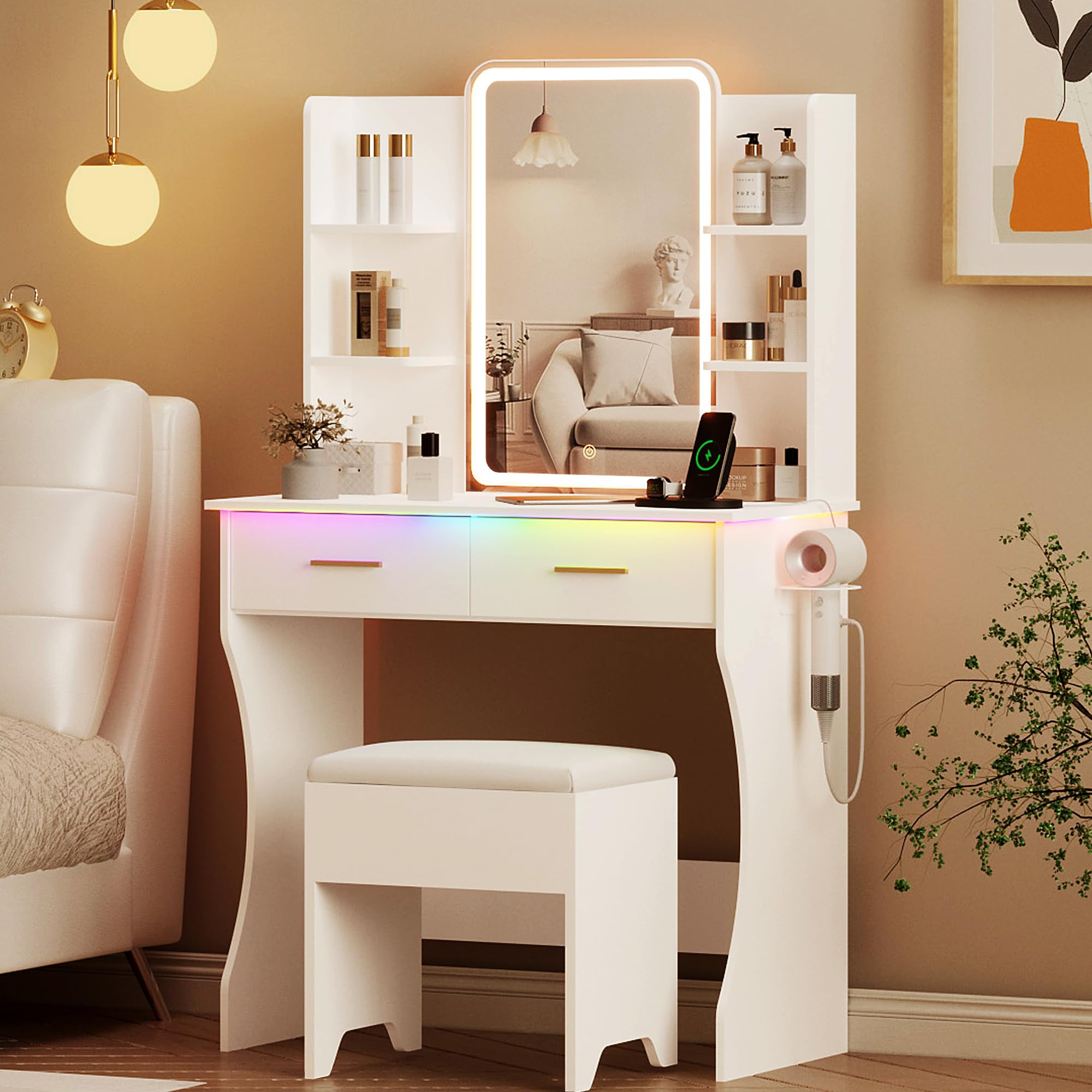 Vanity Desk with LED Lights Mirror & Power Outlet, Small Makeup Vanity Table Set with Storage Drawers & Chair, 3 Lighting Modes & Adjustable Brightness, Dressing Table for Women Girls Bedroom, White