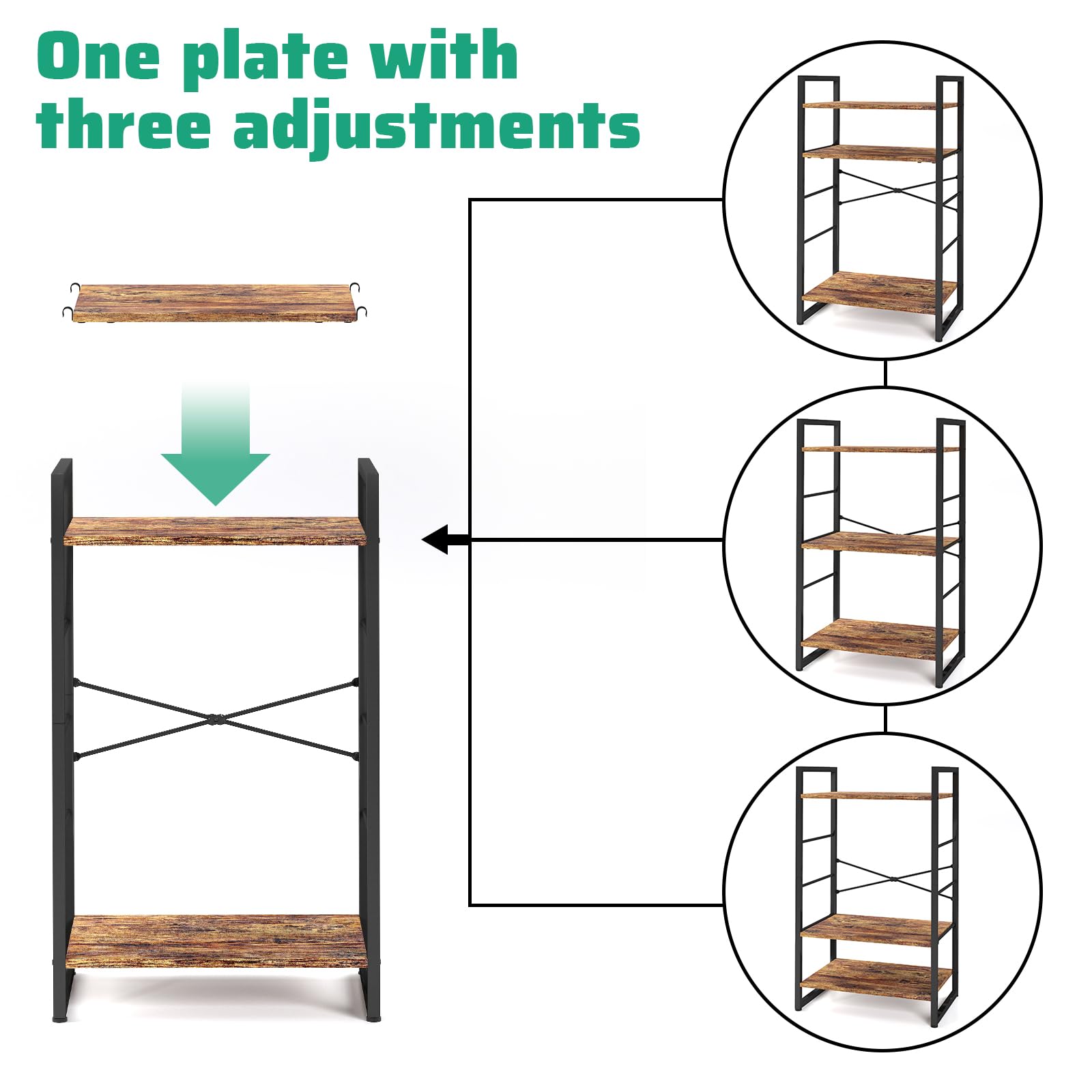 FERRIVISTA Small Bookshelf 3-Tier Bookcase, Metal Bookshelf for Study, Bedroom, Living Room and Kitchen, Height Adjustable (Brown)