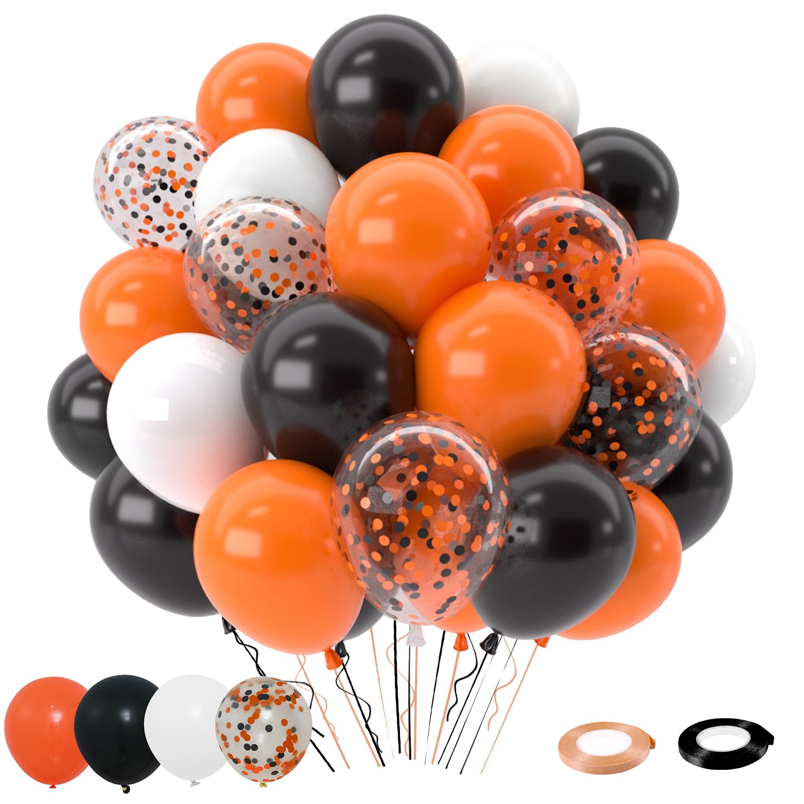 Patimate Black Orange Halloween Balloons Set, 50 pcs 12 inch Orange Black White Confetti Latex Balloons Kit for Halloween Baby Shower Spooky Birthday Graduation Motorcycle Party Decorations