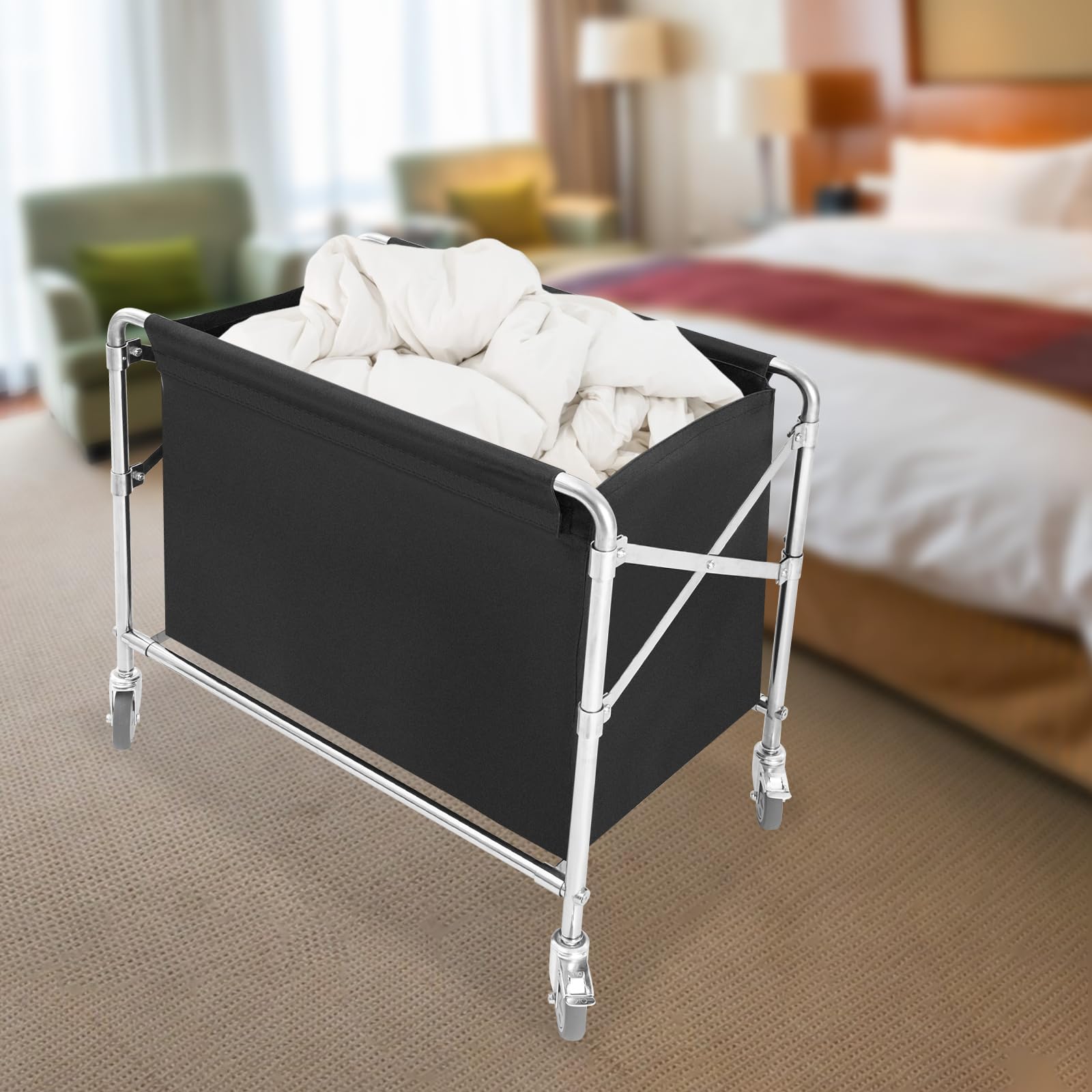 Industrial Rolling Laundry Cart, Commercial Stainless Steel Frame Laundry Cart with Wheels, Foldable Rolling Laundry Hamper with Waterproof Oxford Cloth (Black)