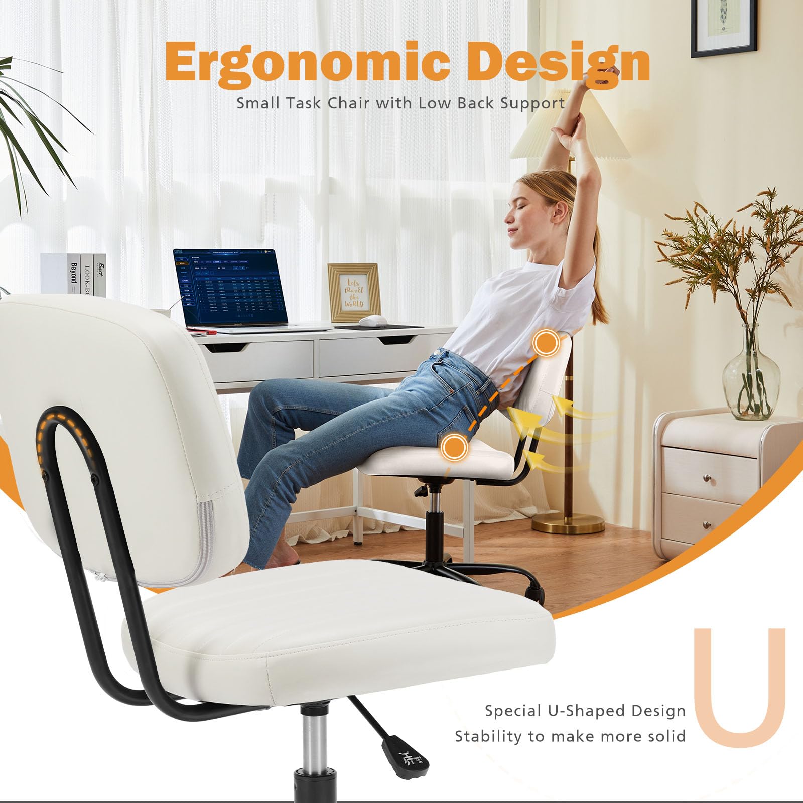 Warmiehomy Armless Office Chair with Wheels Small Swivel Rolling Desk Chair PU Leather Hieght Adjustable Computer Task Chair Modern Vanity Chair with Low Back Lumbar Support,White