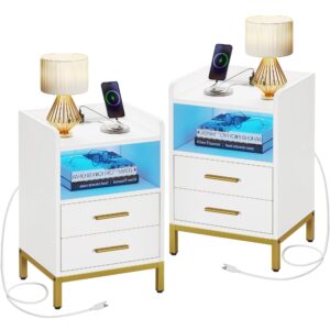 yitahome led nightstand with charging station, modern bedside table with 2 drawers for bedroom, end table with usb ports and outlets, night stand with open storage, set of 2, white