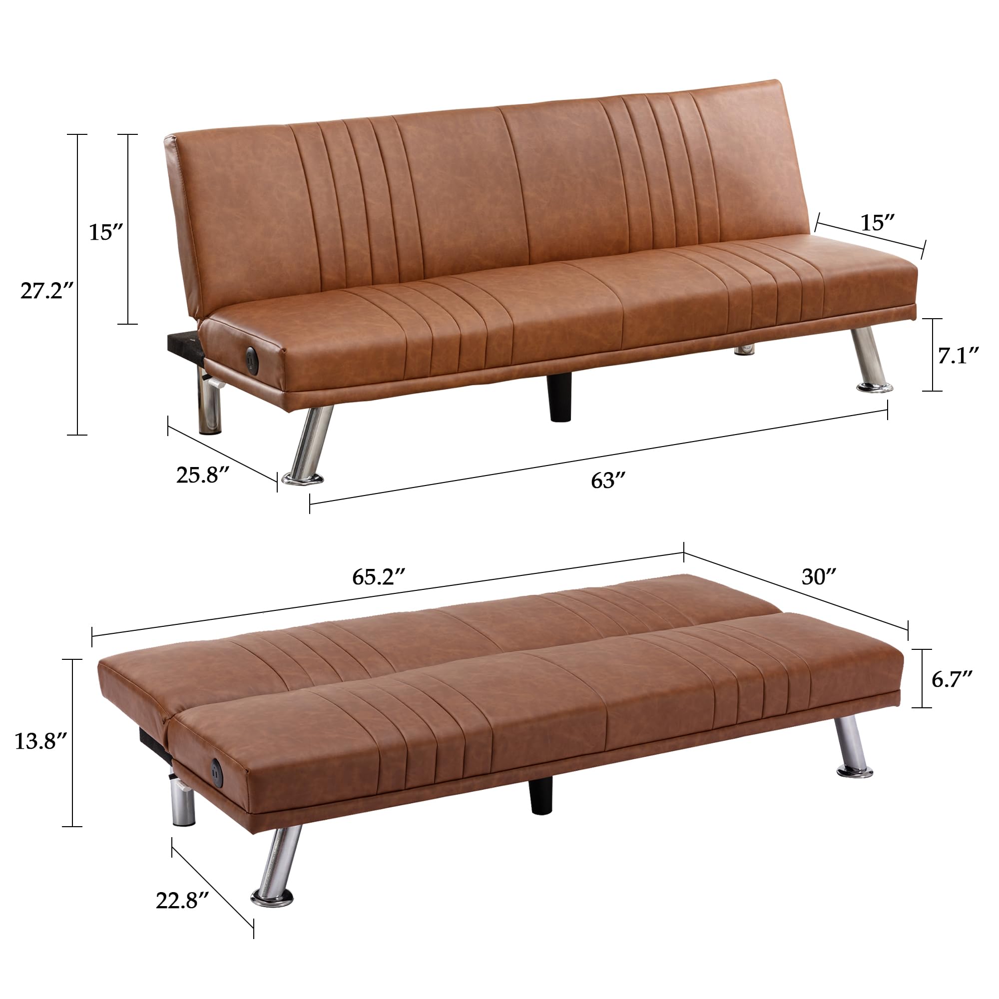 VECELO Modern Couch Convertible Sofa Bed Faux Leather Folding Sleeper Futon for Living Room, Brown