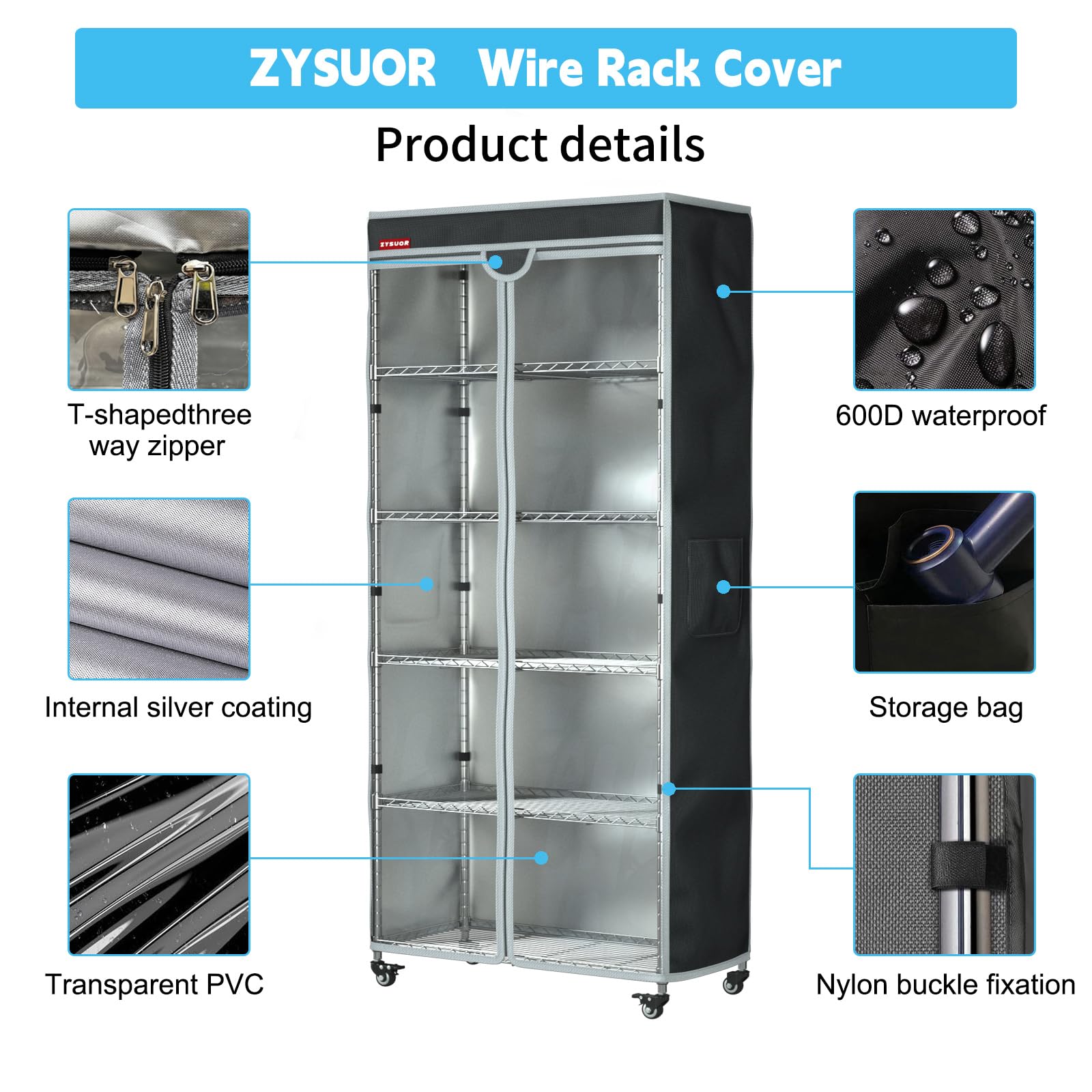 ZYSUOR Shelving Cover Wire Shelf Cover Rack Dust Cover,dustproof, Waterproof, Sunscreen, Front Transparent Panel Design for Easy Viewing, Suitable for 36" Wx18 Dx54 H (Cover only)