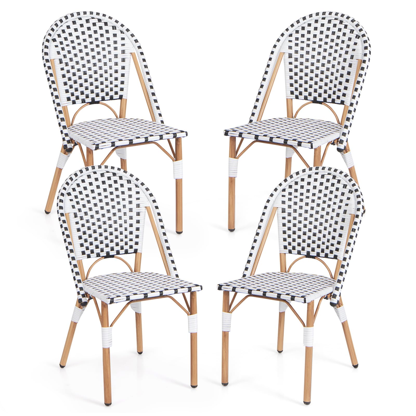 Tangkula French Bistro Chair Set of 4, Outdoor Armless Dining Chairs with Hand-Woven Rattan, Accent Chairs with Galvanized Metal Frame for Garden Kitchen Backyard Porch (Black & White)