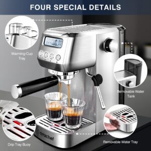 amzchef Espresso Machines 20 Bar, Espresso Maker with Milk Frother & LCD Panel, Adjustable Temp, Compact Cappuccino Machines for Home Gifts, Stainless Steel