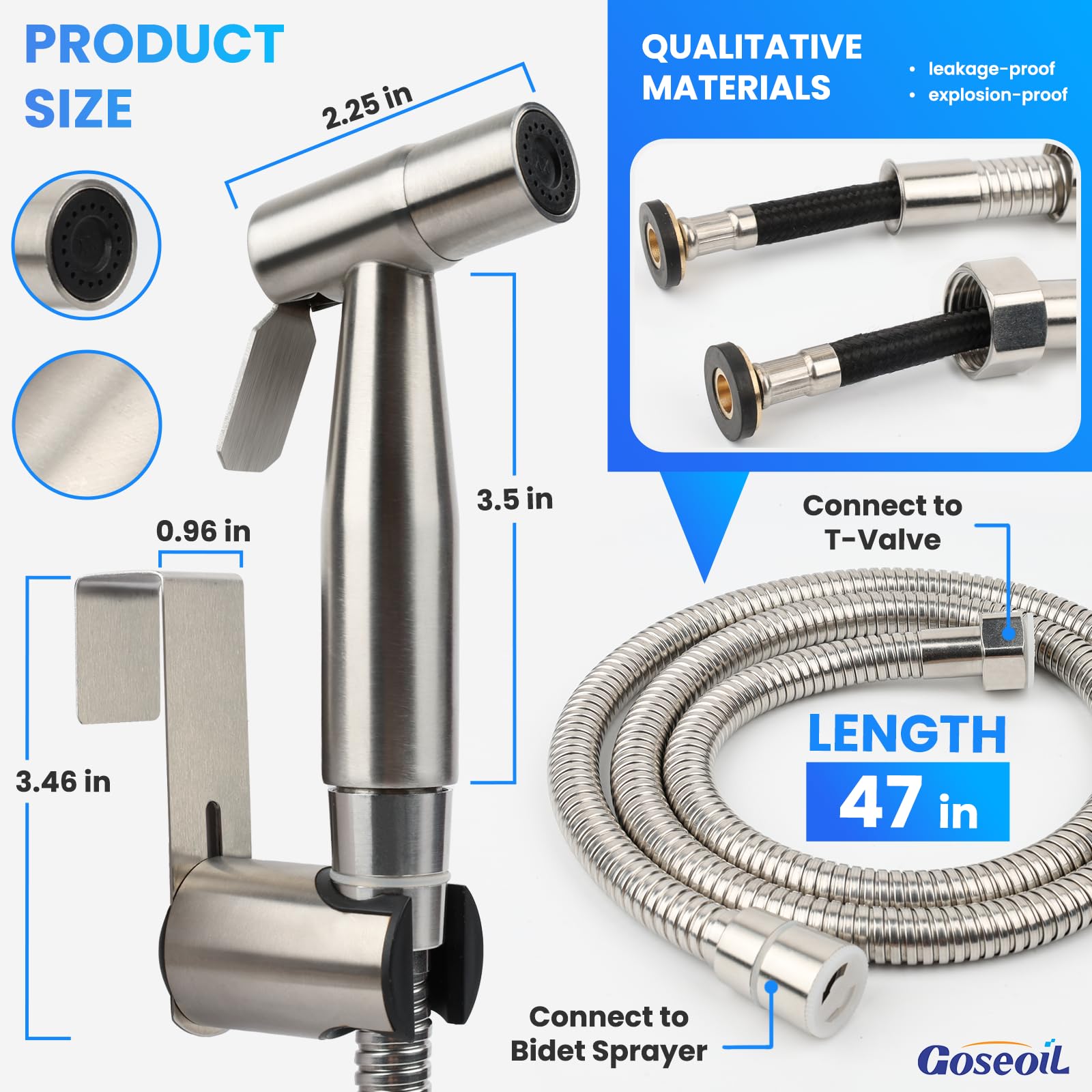 Goseoil Handheld Toilet Bidet Sprayer for Toilet-Adjustable Water Pressure Control with Bidet Hose for Feminine Wash set, Stainless Steel Brushed Nickel Cloth Diaper for Baby Wash