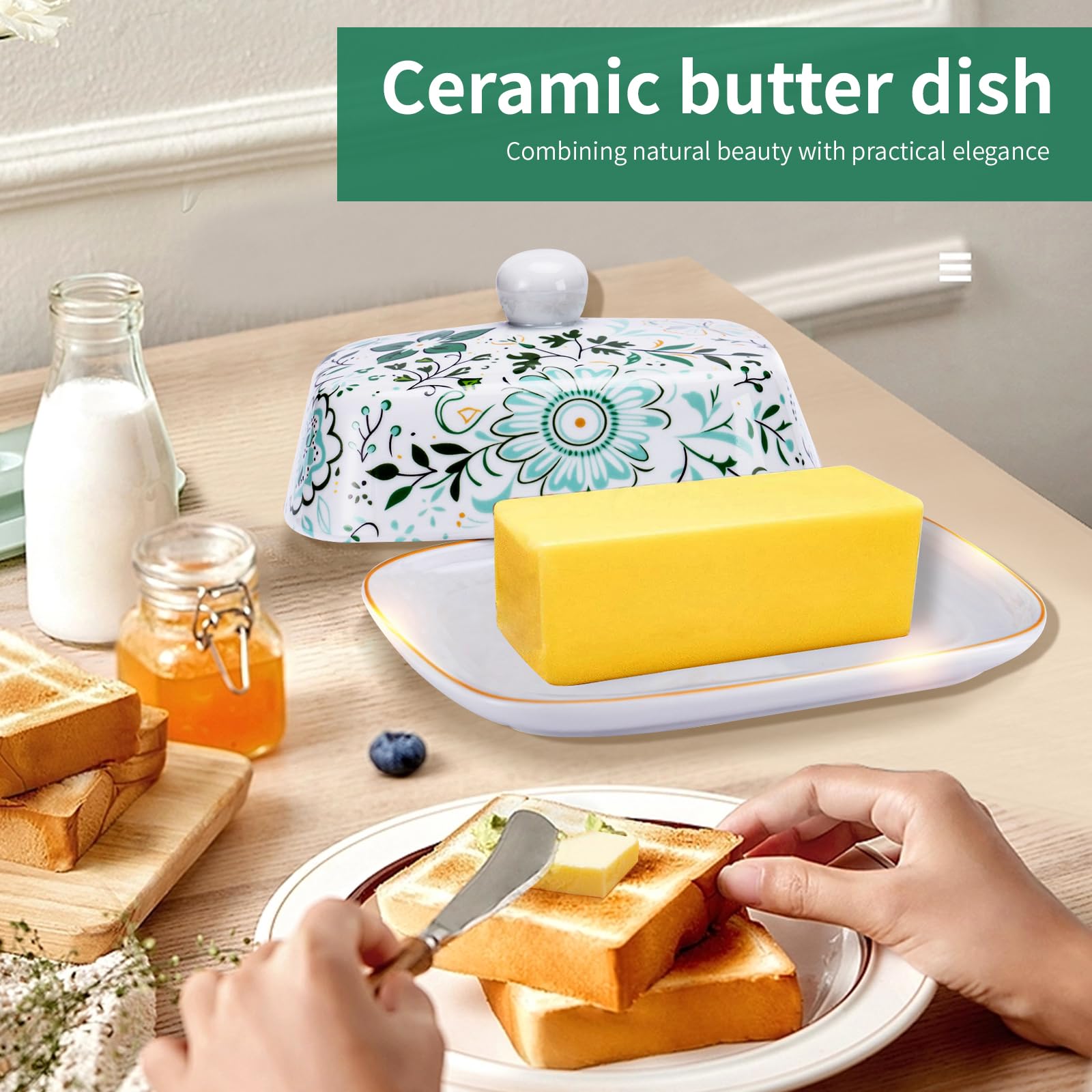 Butter Dish With Lid For Countertop-Ceramic Butter Dish with Knob Handle-Large Storage Keeper Holder for Kitchen, Gifts for Her-Grilled flower craft butter Holder-Wide Butter tray for dishwasher use