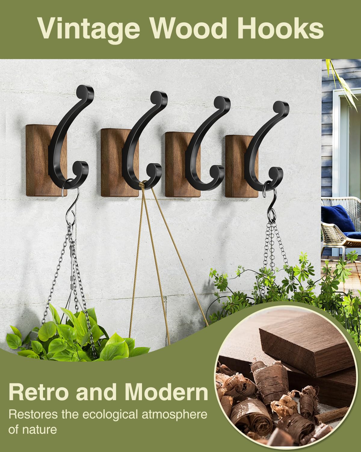 Josmimic Wall Hooks for Hanging Towel - Black Rustic Wood Coat Hook,4 Pack Hooks Wall Mounted for Towel, Coat, Cloth, Purse, Hat, Key, Decorative Bathroom Shower Kitchen