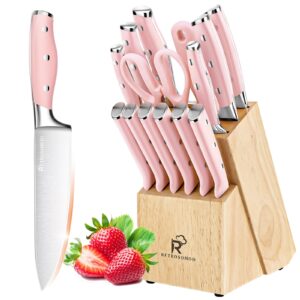 pink knife set,15 pieces professional kitchen knife set with universal knife block, super sharp knife set with ergonomic handle non-stick stainless steel knife block set (pink-15 pieces)