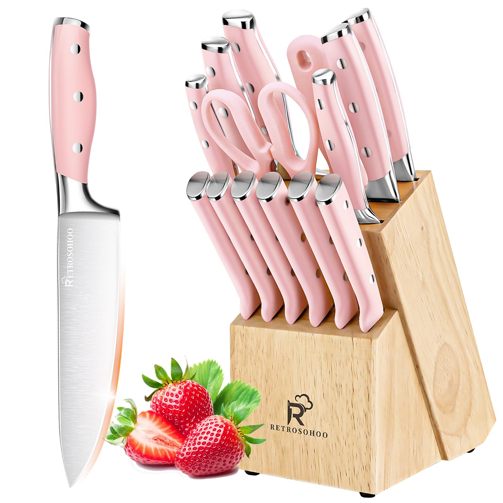 Pink Knife Set,15 Pieces Professional Kitchen Knife Set with Universal Knife Block, Super Sharp Knife Set with Ergonomic Handle Non-stick Stainless Steel Knife Block Set (Pink-15 Pieces)