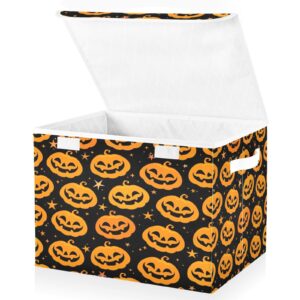 Takiito Orange Halloween Pumpkins Collapsible Storage Box with Lid & Handles, Fabric Storage Bin Organizer for Home Office Closet Bedroom Living Room, 16.5x12.6x11.8 in