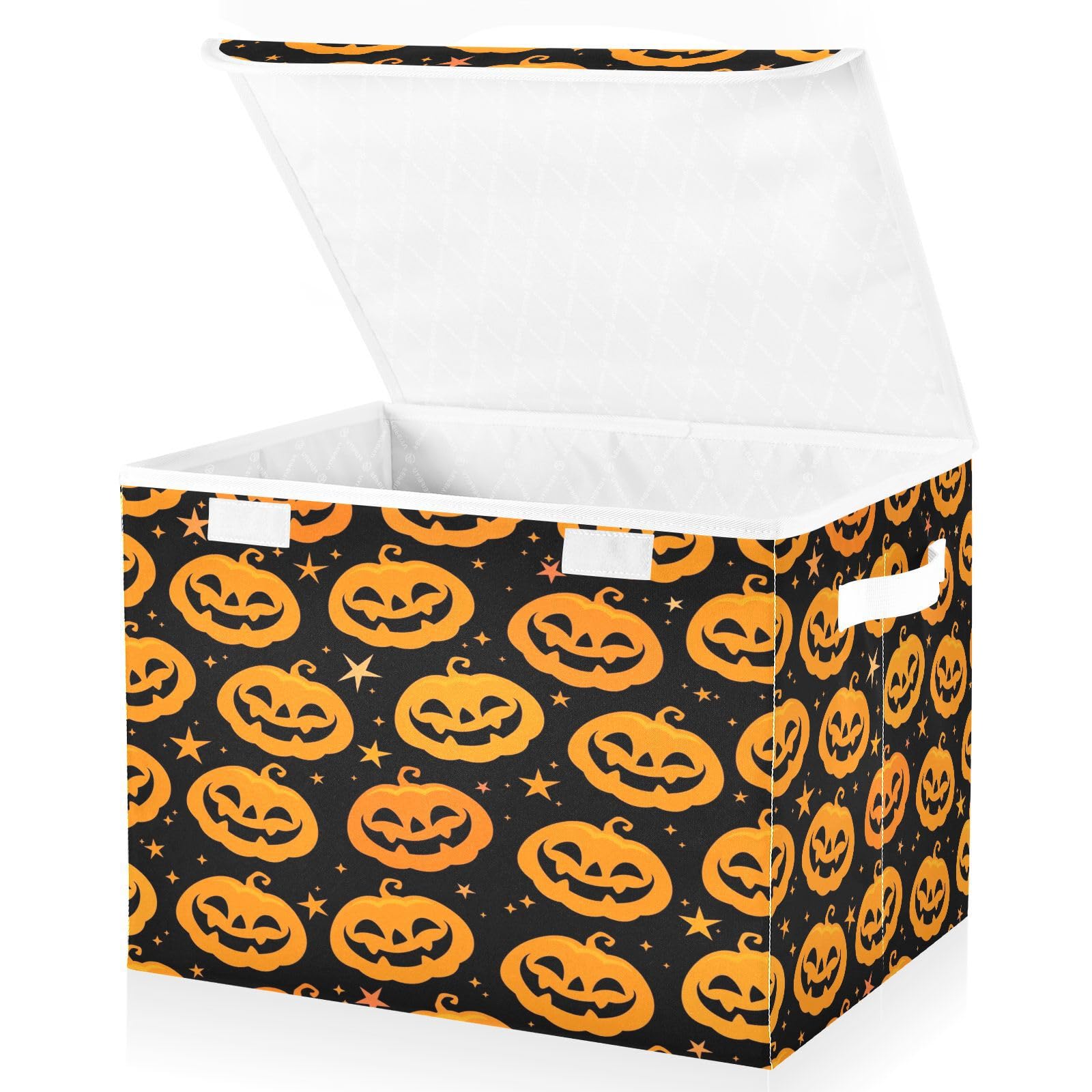 Takiito Orange Halloween Pumpkins Collapsible Storage Box with Lid & Handles, Fabric Storage Bin Organizer for Home Office Closet Bedroom Living Room, 16.5x12.6x11.8 in