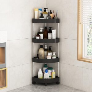 corner storage shelf bathroom, corner shower caddy organizer, 4 tiers movable storage rack with detachable rolling wheels, large capacity space saving corner organizer, hollow-out drainage hole design