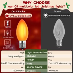 Meonum 25 Pack Multicolor C9 LED Christmas Light Bulbs, Waterproof E17 Base LED C9 Bulbs, Commercial Grade C9 LED Outdoor Christmas Bulbs for Christmas Roof House C9 String Lights