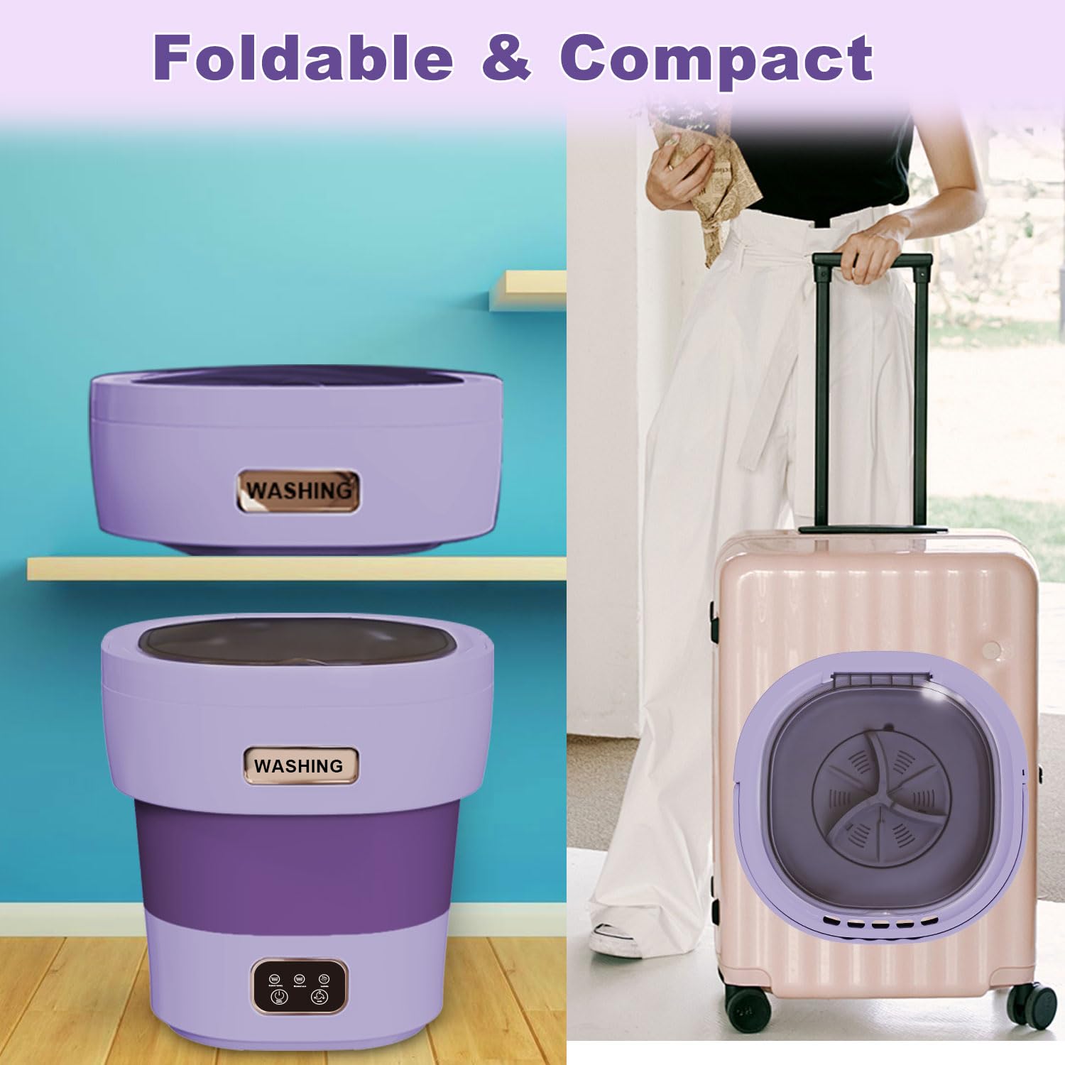 Portable Washing Machine, 15L Large Capacity New Upgraded Model, Mini Collapsible Washer with Dryer, Small Foldable Laundry Washer, Apartment, RV, Dorm, Camping, Socks, Baby Clothes, Underwear, Purple