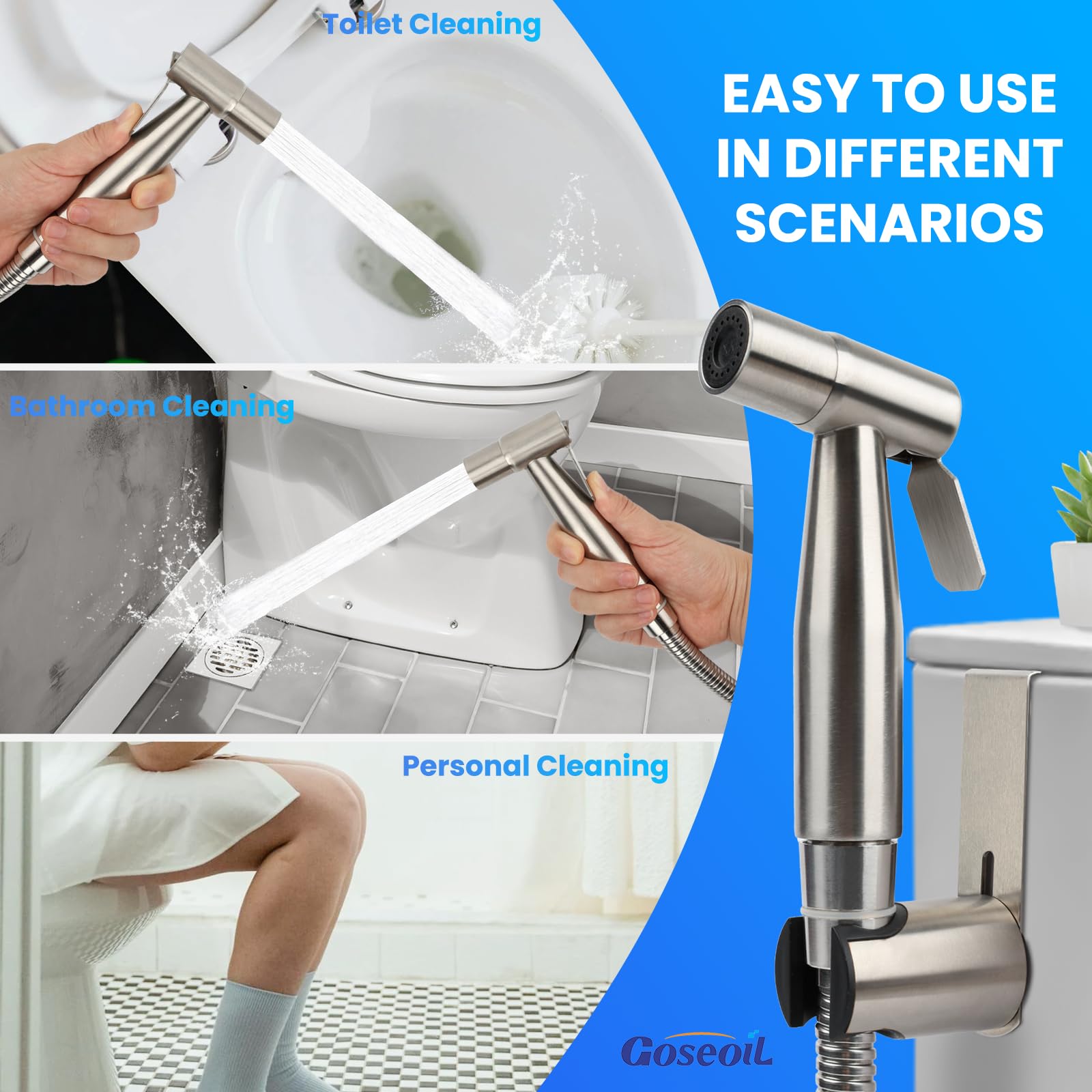 Goseoil Handheld Toilet Bidet Sprayer for Toilet-Adjustable Water Pressure Control with Bidet Hose for Feminine Wash set, Stainless Steel Brushed Nickel Cloth Diaper for Baby Wash