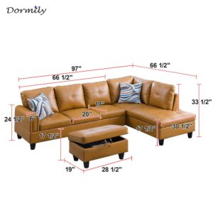 Dormily Ginger Faux Leather L Shaped Sofa Set, Leather Sectional Couch Set with Storage Ottoman, Ginger Sectional Couch Set Furniture for Living Room, Office, Apartment